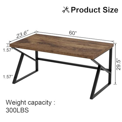 Rustic Computer Desk, Large Executive Writing Study Work Desk for Home Office, Industrial Metal Wooden PC Laptop Long Desk Workstation, Modern Bedroom Living Room Table, Rustic Brown, 60 Inch