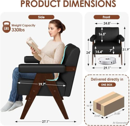 Mid Century Modern Accent Chair Set of 2, Black Leather Office Reading Accent Chairs, Small Comfy Side Arm Chairs for Living Room Bedroom, Wood Arms (2, Black)