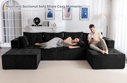 129.5" Modular Sectional Sofa Couch, U Shaped Modern Cloud Couch with 2 Ottomans, Sofa in A Box, Tufted 6-Seat Boneless Chair for Living Room, No Assembly Required, Black
