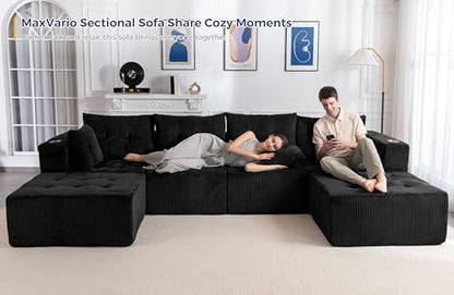 129.5" Modular Sectional Sofa Couch, U Shaped Modern Cloud Couch with 2 Ottomans, Sofa in A Box, Tufted 6-Seat Boneless Chair for Living Room, No Assembly Required, Black