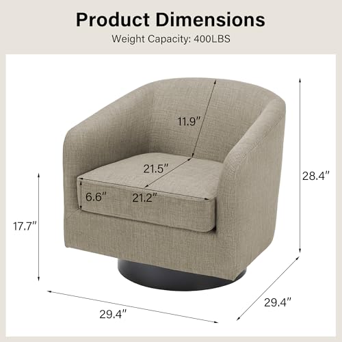 Swivel Barrel Accent Chair, Modern Round Linen Arm Chair for Living Room, Bedroom, Comfy Club Reading Chairs for Adults（Linen Fabric, Light Brown, Set of 2