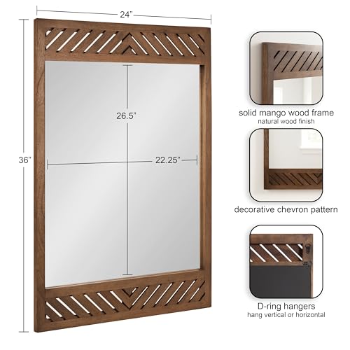 Mezzeta Modern Wooden Chevron Rectangle Wall Mirror, 24 x 36, Natural Wood, Transitional Herringbone Wood Mirror for Use as Vanity Bathroom Mirror or Rectangular Bedroom Mirror Option