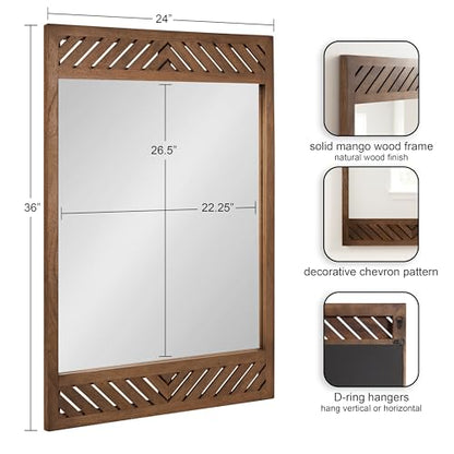 Mezzeta Modern Wooden Chevron Rectangle Wall Mirror, 24 x 36, Natural Wood, Transitional Herringbone Wood Mirror for Use as Vanity Bathroom Mirror or Rectangular Bedroom Mirror Option