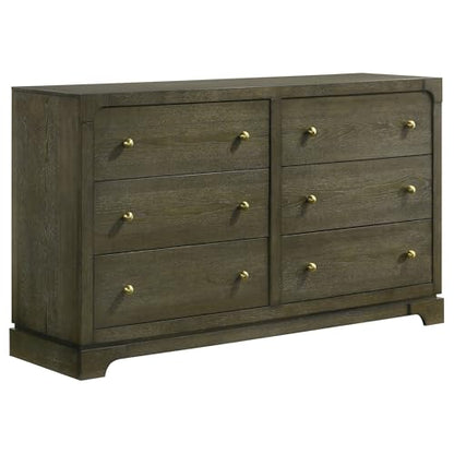 Queen Bedroom Set, 4 Piece Bedroom Set, Dark Rubberwood and Ash Veneer Set, Upholstered Queen Bed with Extra High Beige Headboard, Nightstand, Dresser, Mirror