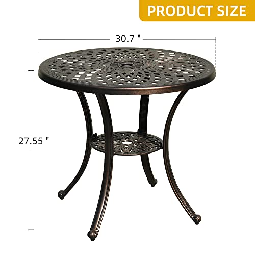 30 Inches Round Patio Dining Table with Umbrella Hole, Antique Cast Aluminum Outdoor Bistro Table Outdoor Side Table for Backyard, Garden, Patio, Porch, Hammered Bronze