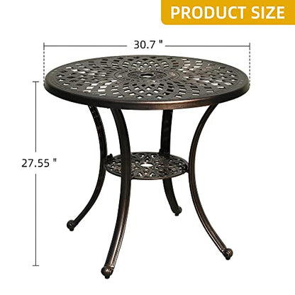 30 Inches Round Patio Dining Table with Umbrella Hole, Antique Cast Aluminum Outdoor Bistro Table Outdoor Side Table for Backyard, Garden, Patio, Porch, Hammered Bronze