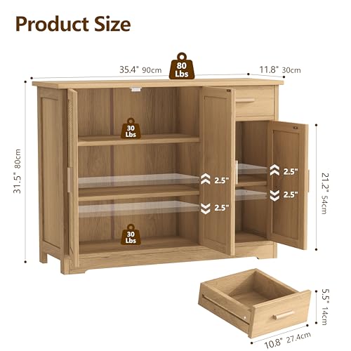 Rattan Sideboard Buffet Cabinet with Storage, Accent Kitchen Cabinet with 3 Doors & Drawer, Storage Cabinet with Adjustable Shelves, Coffee Bar for Living Room, Entryway, Natural Oak