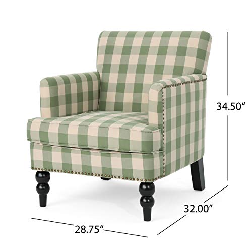 Eve Modern Upholstered Club Chair, Wooden Living Room Accent Chair, Comfy Bedroom Reading Chair, Multifunctional Armchair, Green Checkerboard