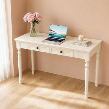 47” Solid Wood Writing Desk with Drawers, White, view 2