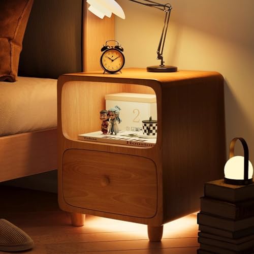 Wood Nightstand with Drawers,Bedside Table with Open Shelf Compact Cabinet for Small Bedrooms Practical No Assembly Required Sturdy Bedside Storage