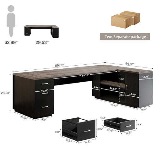 Tribesigns 85.8-Inch L-Shaped Executive Office Desk with File Drawers & Storage Cabinet, Professional Corner Computer Desk Extra Large Business Workstation with Adjustable Shelves (Gray&Black)
