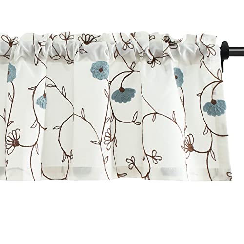 Blue Floral Embroidered Kitchen Valance, 52 x 14 Inches