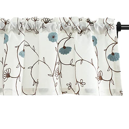 Blue Floral Embroidered Kitchen Valance, 52 x 14 Inches