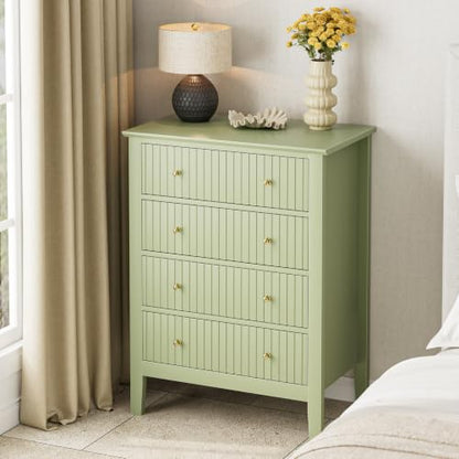 Night Stand, Fluted 4 Drawer Wide Farmhouse Nightstand with Gold Handle, view 4