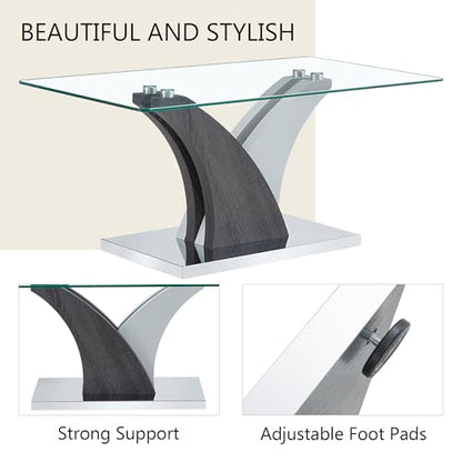 Rectangular Glass Coffee Table for Living Room, 39" Modern Clear Center Table, Tempered Glass Living Room Table with Wood Grain Textures Base
