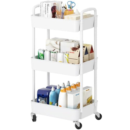 3 Tier Rolling Cart with Wheels, Utility Storage Carts,White, view 2
