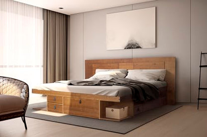 Solid Pine Storage Bed with Compartments and Headboard, Oak Brown, view 2