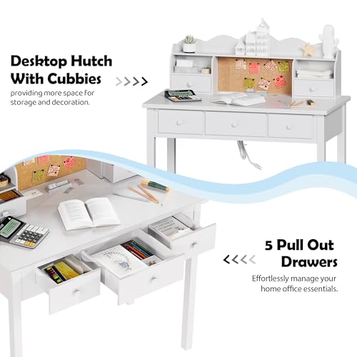 Writing Desk With Hutch, 36" Small White 5 Drawer Girls Desk, Pre-installed, view 6