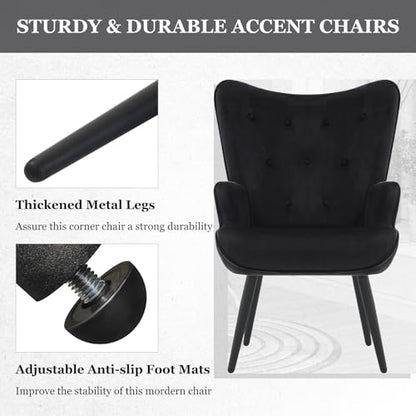 Accent Chairs Set of 2, Black Velvet Reading Armchairs with High Backrest, Wingback Corner Chairs - Mid Century Modern for Living Room, Bedroom, Waiting Room