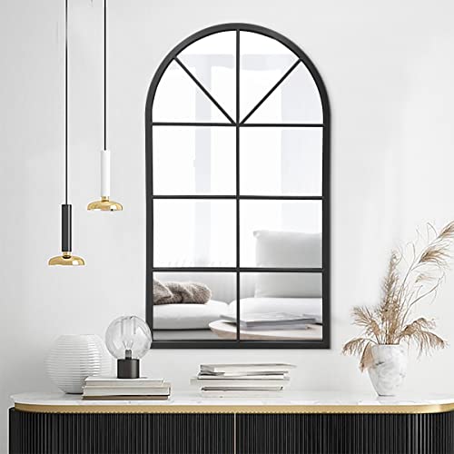 24"x42" Arched Wall Mirror, Arched Window Pane Decor Mirror, Black | Iron Frame, HD Shatter-Proof Glass, Farmhouse Style,Wall Mounted, Suitable for Bedroom, Living Room, Entryway, Cloakroom