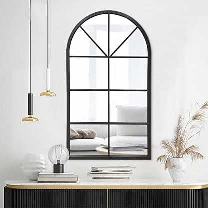 24"x42" Arched Wall Mirror, Arched Window Pane Decor Mirror, Black | Iron Frame, HD Shatter-Proof Glass, Farmhouse Style,Wall Mounted, Suitable for Bedroom, Living Room, Entryway, Cloakroom