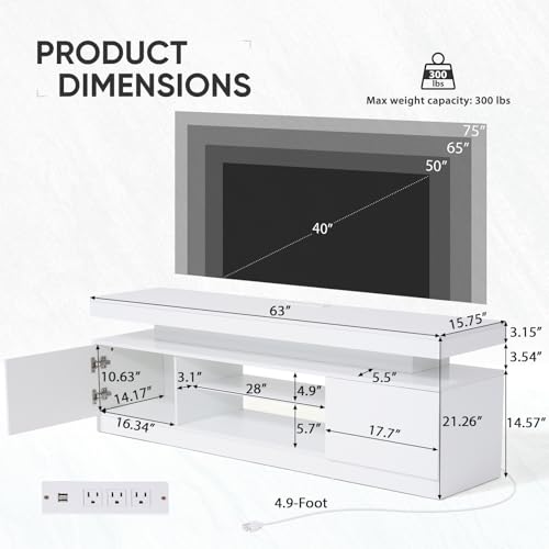 63" High Gloss TV Stand, Entertainment Center, Media Console, view 3