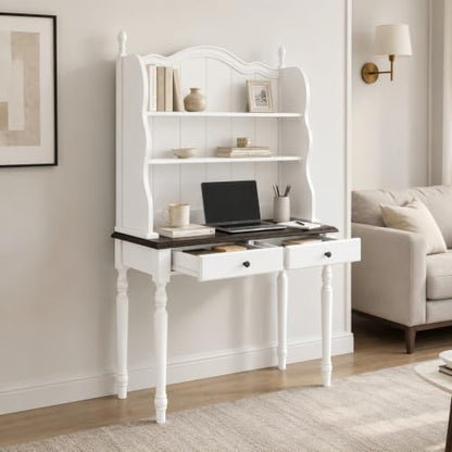 Computer Desk with Bookshelf ＆Drawers for Bedroom, Home Office, White, view 2