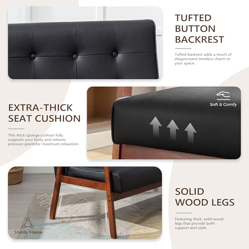 Mid Century 1 Loveseat Sofa and 2 Accent Chairs Set Modern Wood Arm Couch and Chair Living Room Furniture Sets (8428 Black Set)