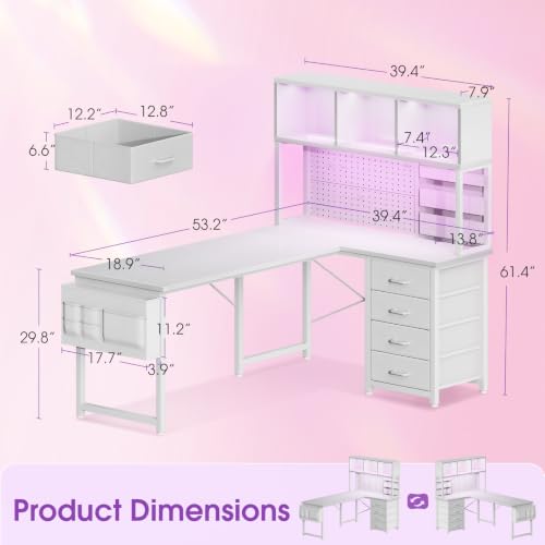 53" L Shaped Gaming Desk with Pegboard, Hutch & 4 Drawers, White, view 4