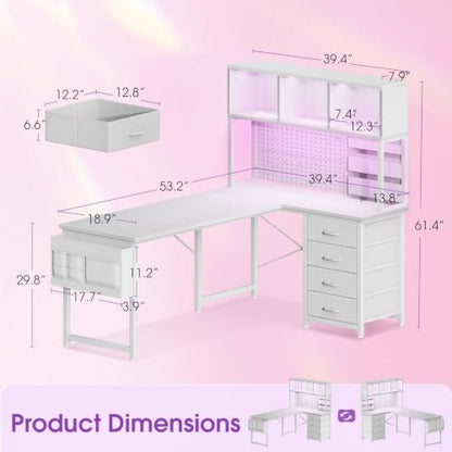 53" L Shaped Gaming Desk with Pegboard, Hutch & 4 Drawers, White, view 4