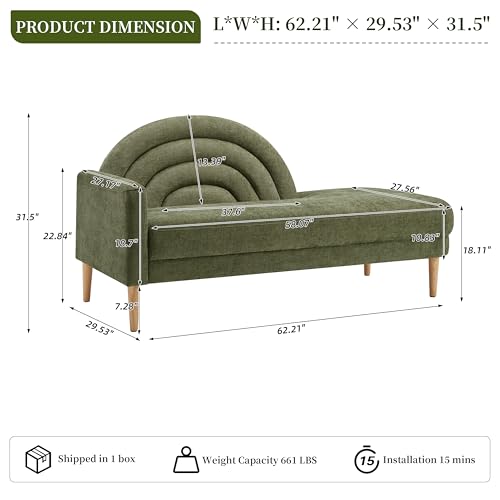 62.2" Linen Chaise Lounge Chair Indoor with Right Armres, Olive Green, view 3