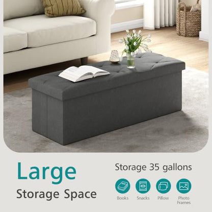43'' Folding Storage Ottoman Bench, Storage Chest, Linen Fabric Foot Rest Stool, 158L Storage Footstools for Bedroom and Living Room, Holds up to 660 lbs, DGray