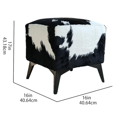 Faux Cowhide Ottoman, 16x16x17 Inch, Black White Cow Print | Upholstered Cube Foot Stool, Solid Metal Legs, Animal Print Design, Modern Farmhouse Decor for Living Room, Bedroom, Entryway