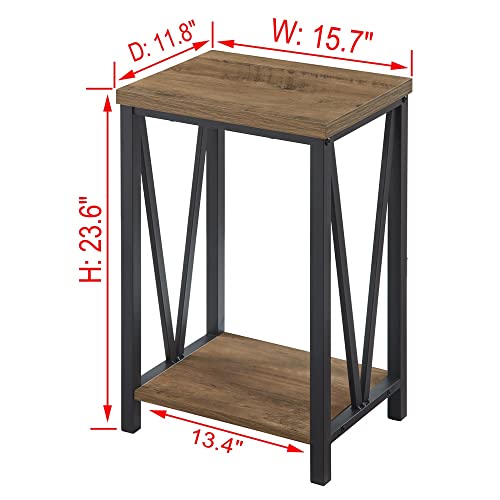 Side Table with Storage Shelf, Rustic End Table for Living Room, Wood and Metal Nightstand for Bedroom, Oak