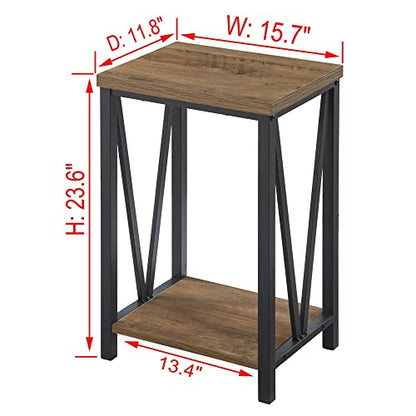 Side Table with Storage Shelf, Rustic End Table for Living Room, Wood and Metal Nightstand for Bedroom, Oak