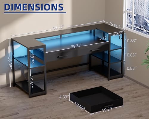 58 Inch Computer Desk with Monitor Stand and Shelves Gaming Desk with LED Lights & Power Outlets PC Vanity Table with 2 Drawers for Home Office Marble
