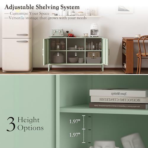 Metal Cabinet, High Capacity Green Buffet Cabinet Coffee Bar Sideboard with Adjustable Shelf, Pantry Drink Locker for Living Room, Kitchen, Bedroom, Dining Room, Entryway (Green)