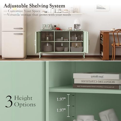 Metal Cabinet, High Capacity Green Buffet Cabinet Coffee Bar Sideboard with Adjustable Shelf, Pantry Drink Locker for Living Room, Kitchen, Bedroom, Dining Room, Entryway (Green)