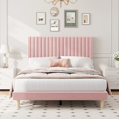 Full Bed Frame with Adjustable Headboard, Velvet Upholstered Platform Bed, view 4