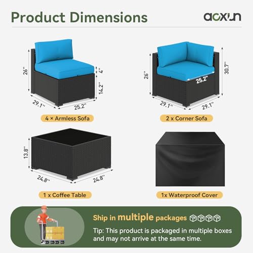 7 Piece Patio Furniture Set, Wicker Rattan Patio Sectional Sofa, Outdoor Furniture Set with Thickened Cushion, Peacock Blue