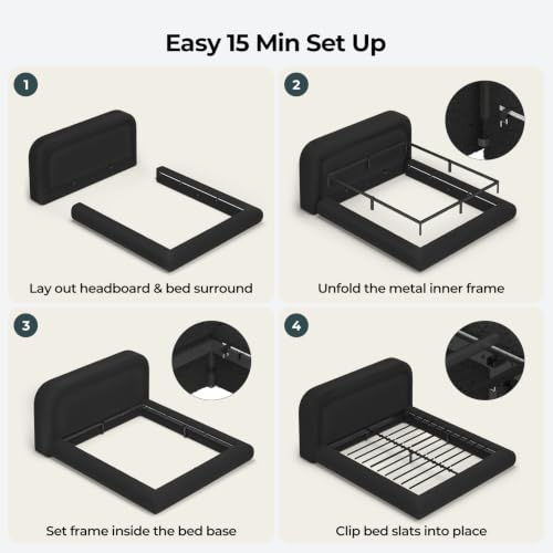 Upholstered Queen Cloud Bed Frame with 5.9" Headboard, Black, view 8