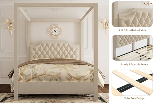 Upholstered King Size Bed Frame with Canopy Poles and Headboard, view 7