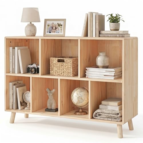 7-Cube Wood Bookshelf, 45 inches Wide Open Cube Storage Organizer Shelf, view 2