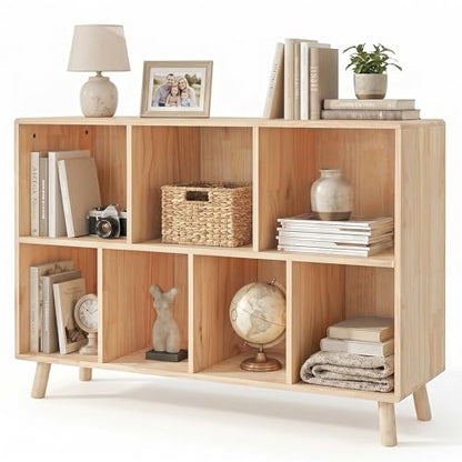 7-Cube Wood Bookshelf, 45 inches Wide Open Cube Storage Organizer Shelf, view 2