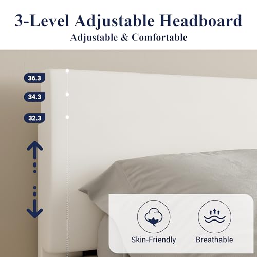 Queen Size Upholstered Bed Frame Adjustable Headboard, White, view 5