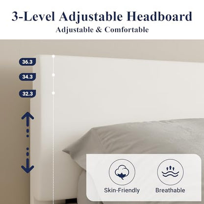 Queen Size Upholstered Bed Frame Adjustable Headboard, White, view 5