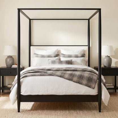 Queen 4-Poster Wood Canopy Bed with Boucle Headboard, Black, view 2