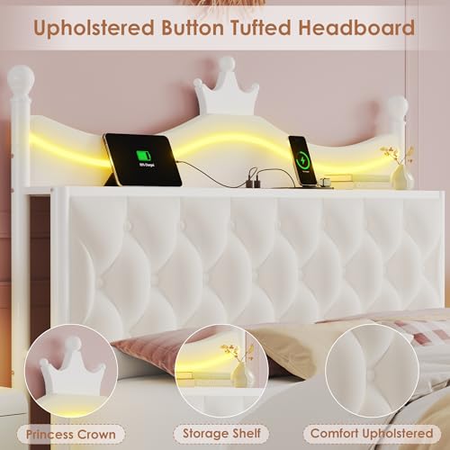 Full Size Upholstered LED Canopy Bed Frame with Charging Station and Drawer, view 5