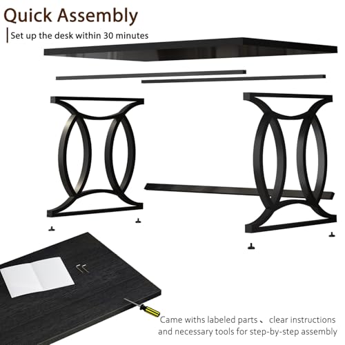 Black Home Office Desk, 55 Inch Metal Wood Computer Desk, view 5