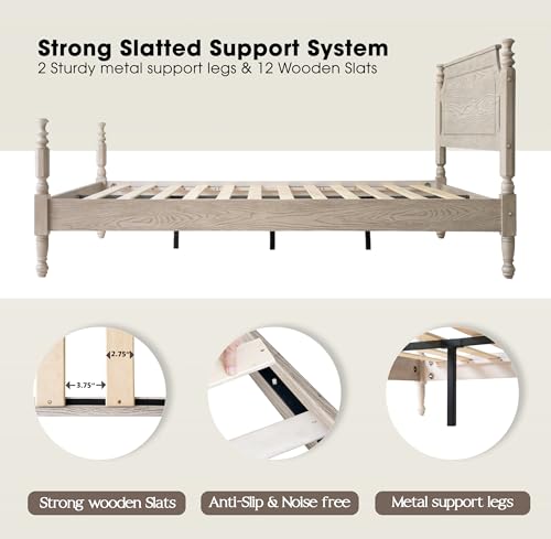 Solid Wood King Size Platform Bed Frame with Headboard & Footboard, view 7